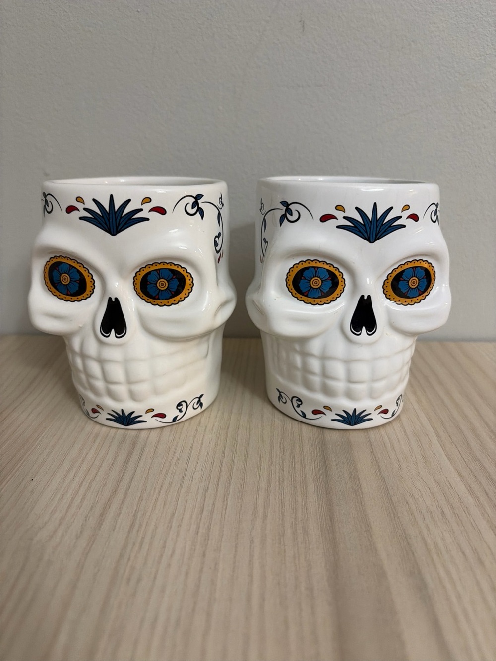 Cazadores White Ceramic Skull Mug with Blue and Gold Accent - Day of the Dead S